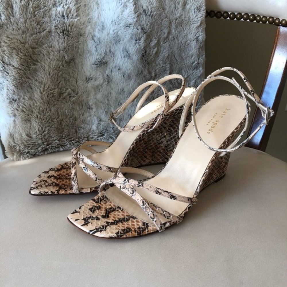 Kate Spade neutral snake print wedge heels